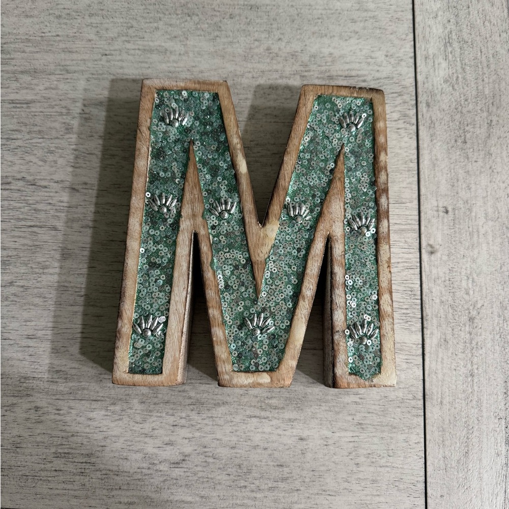 Wooden Letter M with Green Sequins